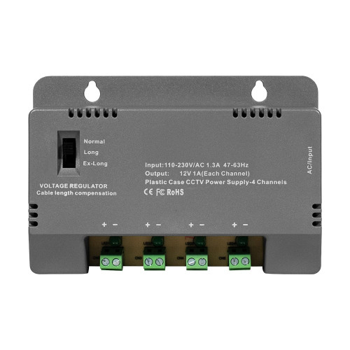 Блок живлення Kraft KRF-1204B (4CH) 60W, 4 канали навантаження, 12V/1A на 1 канал, з регулятором напруги для компенсації довжини кабелю