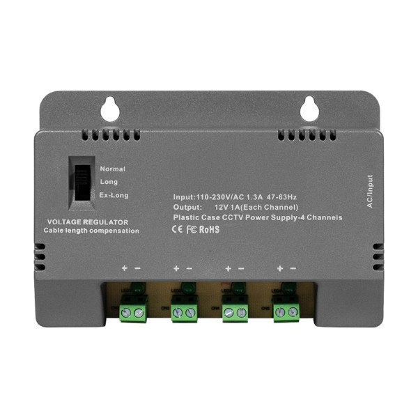 Блок живлення Kraft KRF-1204B (4CH) 60W, 4 канали навантаження, 12V/1A на 1 канал, з регулятором напруги для компенсації довжини кабелю