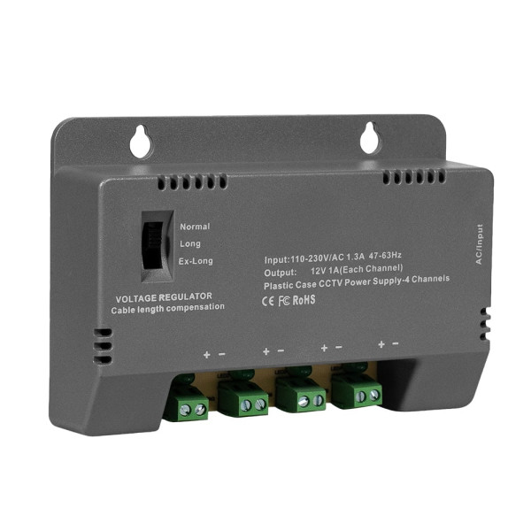 Блок живлення Kraft KRF-1204B (4CH) 60W, 4 канали навантаження, 12V/1A на 1 канал, з регулятором напруги для компенсації довжини кабелю