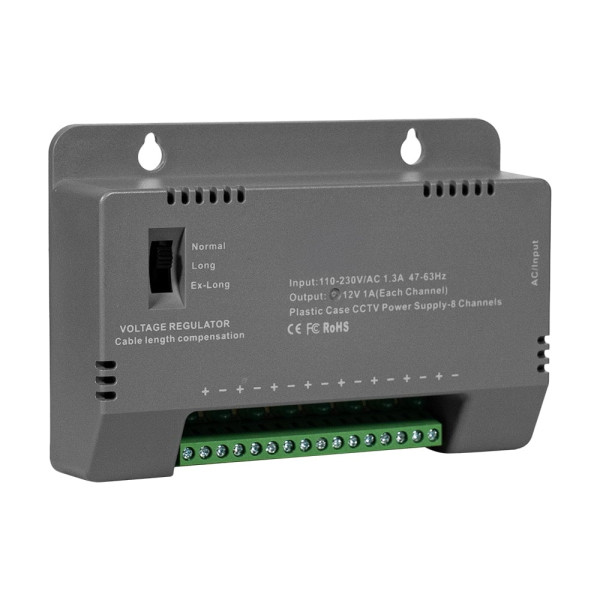 Блок живлення Kraft KRF-1208B (8CH) 96W, 8 каналів навантаження, 12V/1A на 1 канал, з регулятором напруги для компенсації довжини кабелю