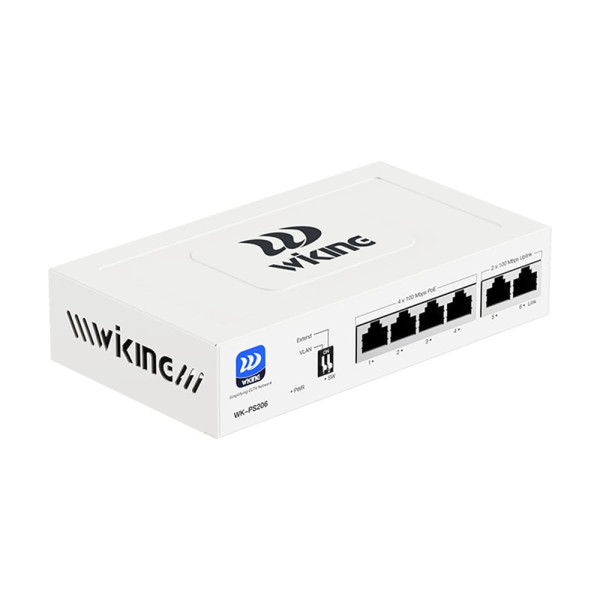 PoE-комутатор 6-портовий некерований Wiking WK-PS206 V2, 4x100Mbps PoE, 2x100Mbps Uplink, 45W