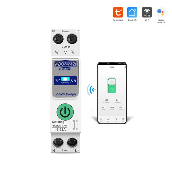 Розумний автоматичний вимикач з Wi-Fi (Tuya) TOMZN TOB9S-VAP 63A з моніторингом енергоспоживання та захисним реле напруги