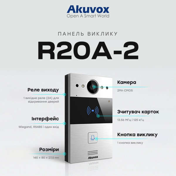 IP-відеопанель 2Mp Akuvox R20A-2 SIP зі зчитувачем EM-Marine / Mifare / NFC, 2-дротове підключення