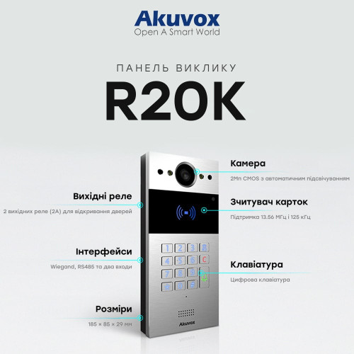 IP-відеопанель багатоабонентська 2Mp Akuvox R20K Silver зі зчитувачем EM-Marine / Mifare / NFC