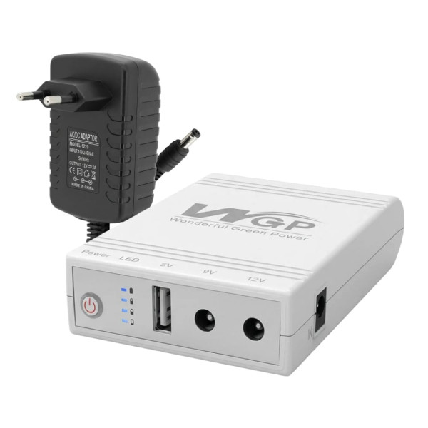 Комплект Mini UPS з блоком живлення: джерело безперебійного живлення Mini UPS WGP UPS103A White 10400mAh 5V/9V/12V, Li-ion 4*2.6Ah, для роутера і оптичного термінала та блок живлення SPF-1202B 12V/2A (24W)